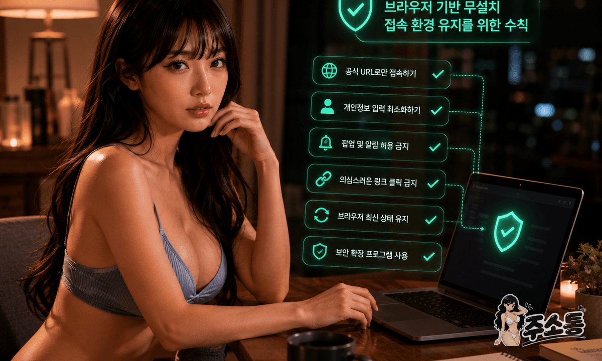 「브라우저 기반 무설치 접속 환경 유지를 위한 수칙」 제목 아래 여섯 가지 점검 항목이 초록 체크로 나열된 그림