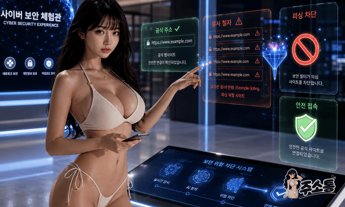 사이버 보안 체험관 화면에 공식 주소와 철자를 바꾼 피싱 주소 목록이 나란히 떠 있고, 인물이 차단 항목을 가리키는 그림