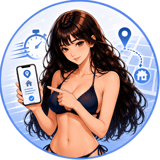 인물이 최신 주소가 뜬 휴대폰 화면을 가리키고, 스톱워치와 위치 핀이 함께 놓인 원형 일러스트